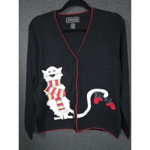 Vintage 90s Terazzo Cat Sweater Cardigan Medium Black Beaded Mittens